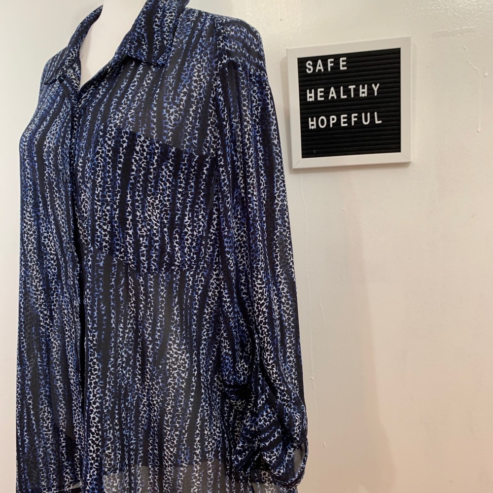 Michael Kors Animal Print Button Down Navy and White Blouse - Picture 8 of 11
